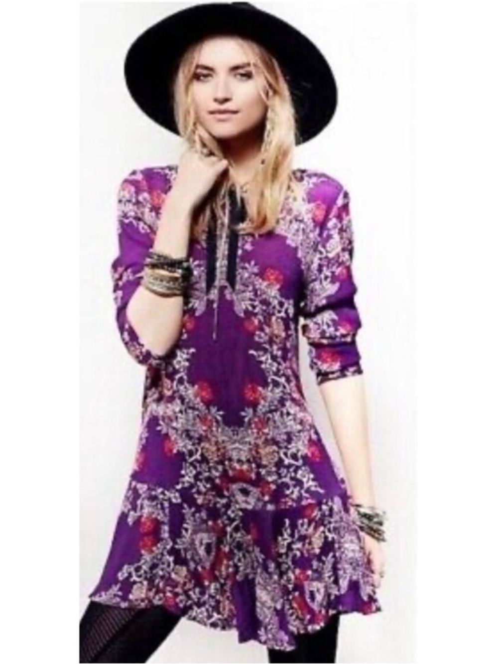 FREE PEOPLE | Purple Smooth Talker Floral Print Open Back Tunic Top Sz. Small